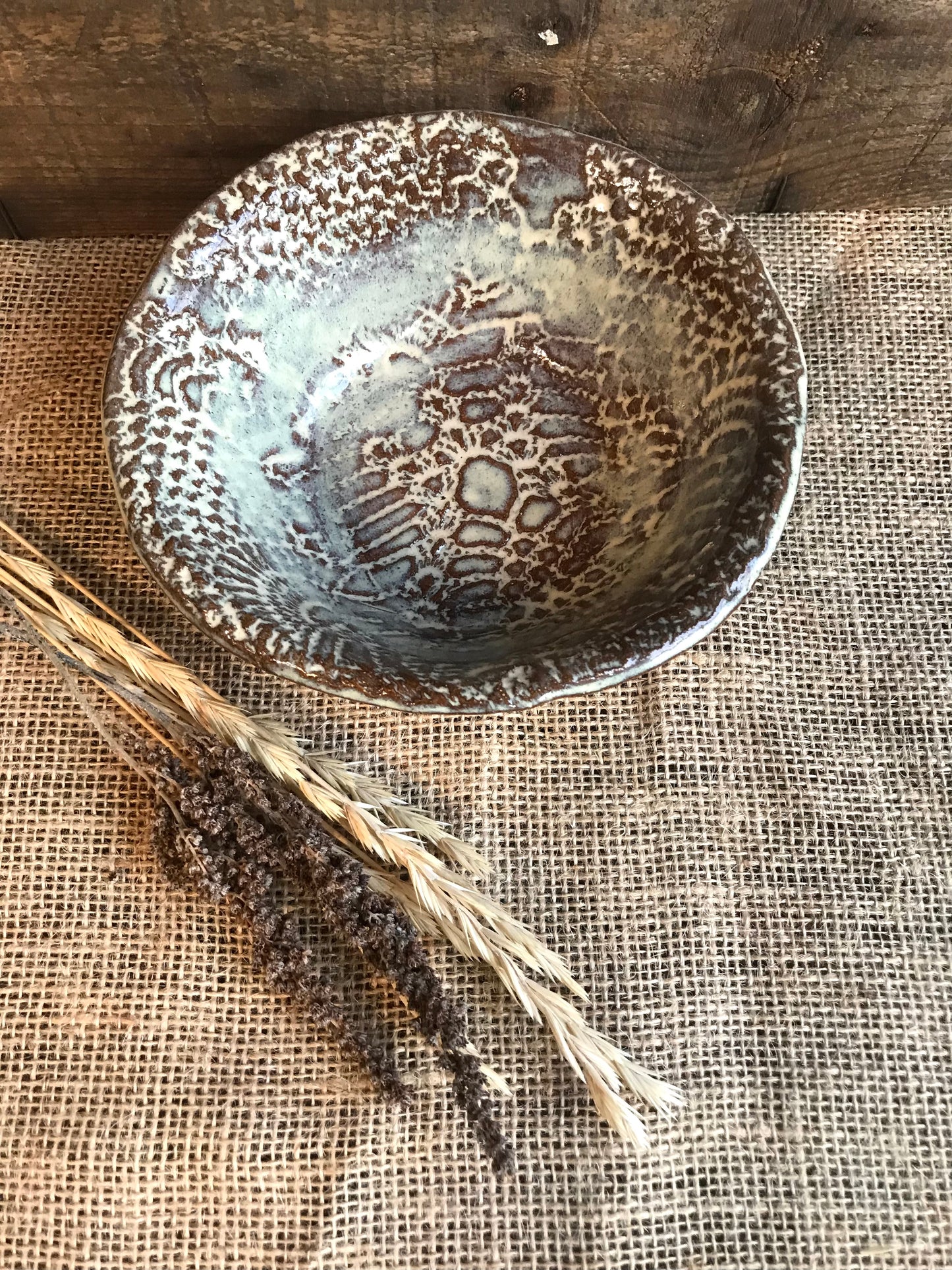 Rustic Antique Doily Bowl ~ Birch Brown Glaze