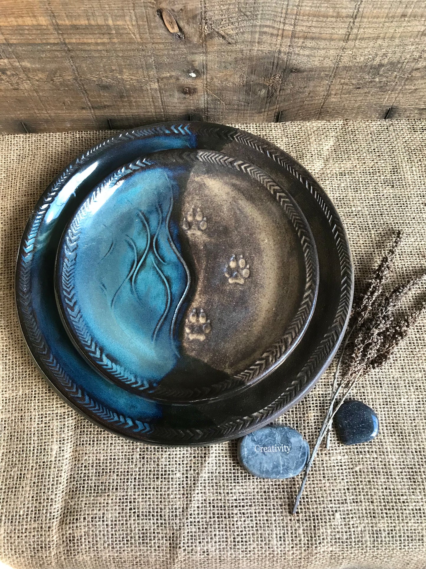 Rustic Wild River Wolf Dinner Plate & Salad Plate ~ 10”  ~ River Blue & Brown Glaze