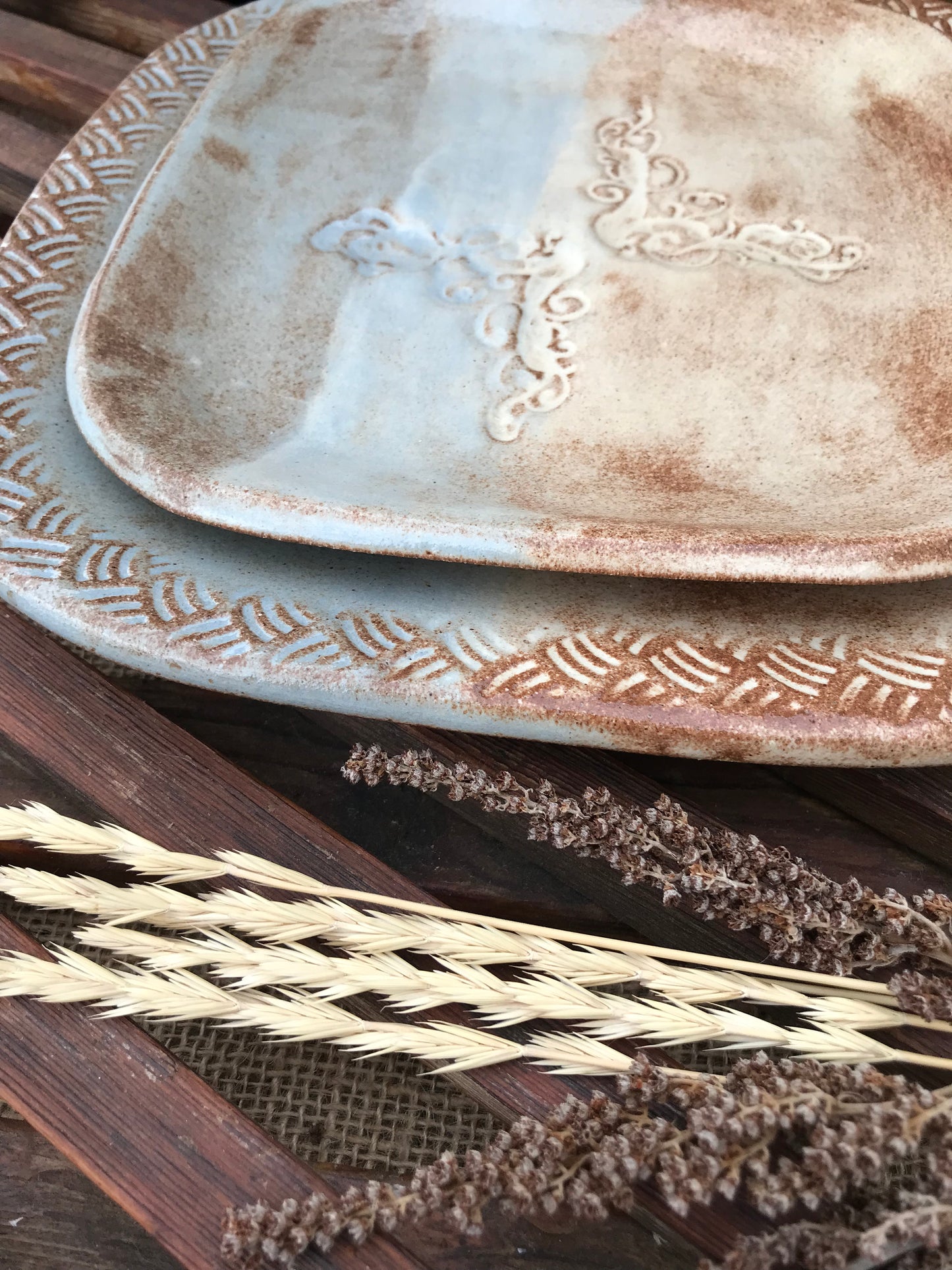 Rustic Floral & Basketweave Square Dinner Plate & Salad Plate ~ 9” ~  Blue & Brown Glaze