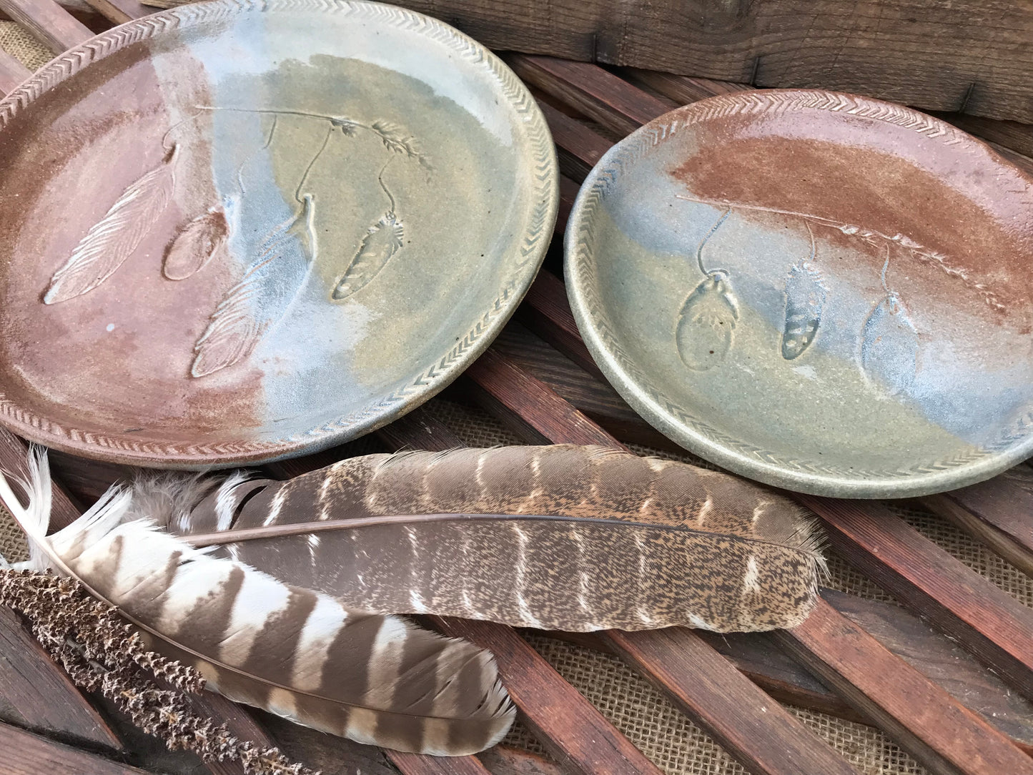 Rustic Wild Feathers & Grass Dinner Plate & Salad Plate ~ 10”  ~ Blue Green Brown Glaze