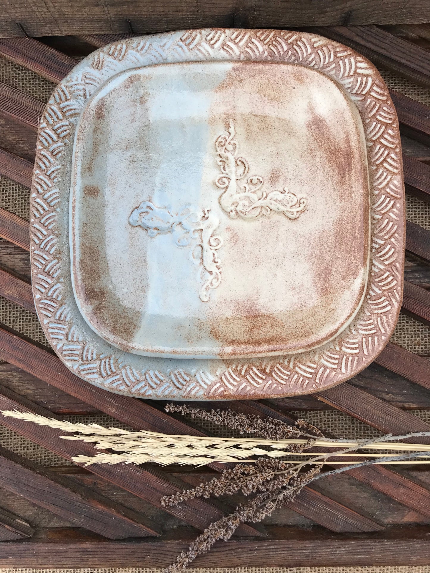 Rustic Floral & Basketweave Square Dinner Plate & Salad Plate ~ 9” ~  Blue & Brown Glaze