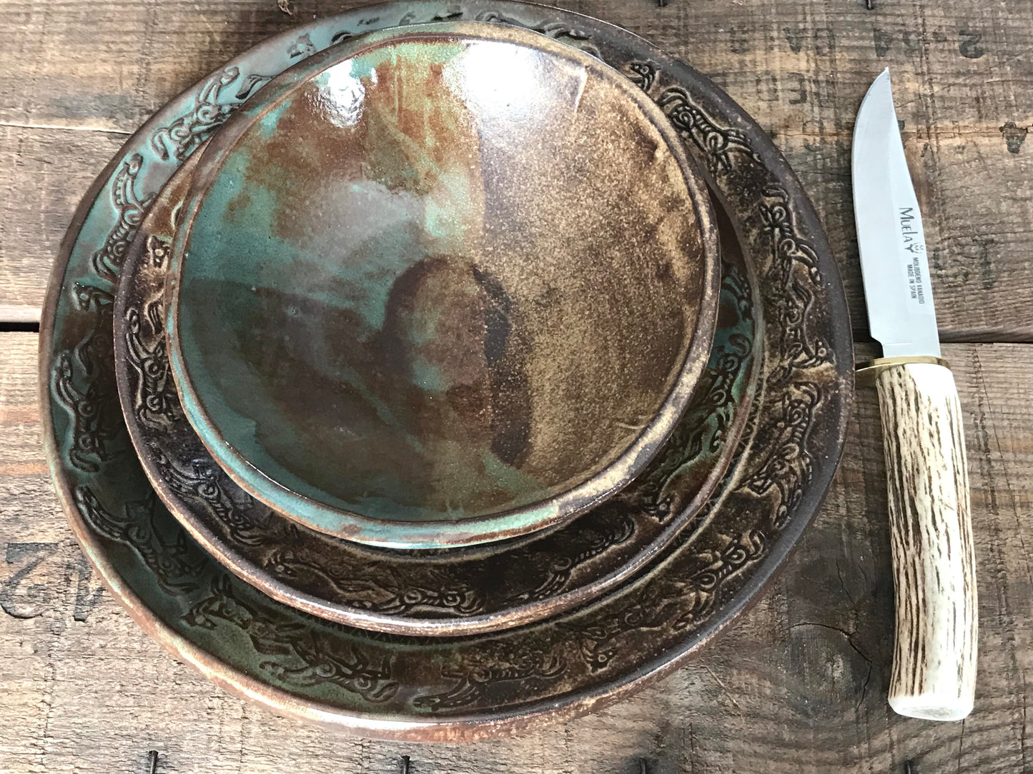 Rustic Wild Mustang Dinnerware Set ~ Dinner & Salad Plate & Bowl ~ Green & Brown Glaze