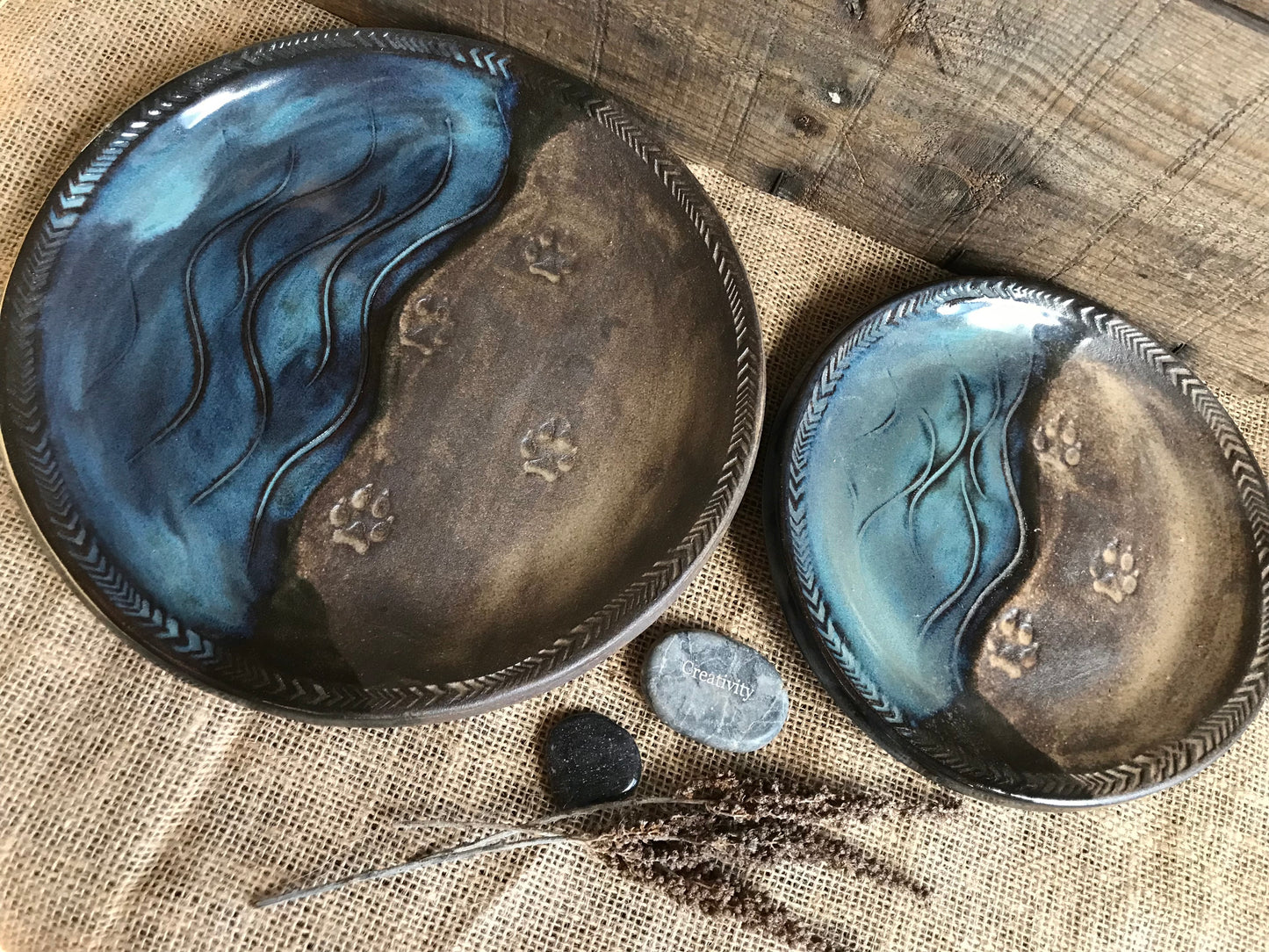 Rustic Wild River Wolf Dinner Plate & Salad Plate ~ 10”  ~ River Blue & Brown Glaze