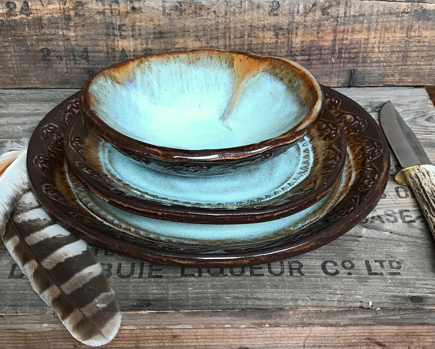 Rustic Wild Buffalo Dinnerware ~ Dinner Plate/Salad Plate/Bowl ~ Turquoise & Heavy Brown Edging