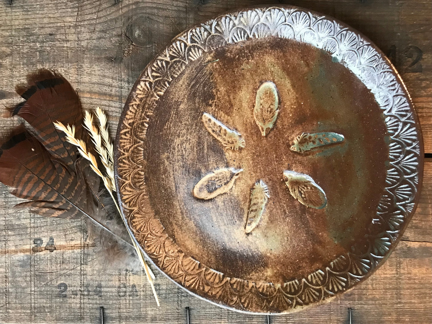 Rustic Wild Feathers Dinner Plate ~ 10” ~ Green & Brown Glaze