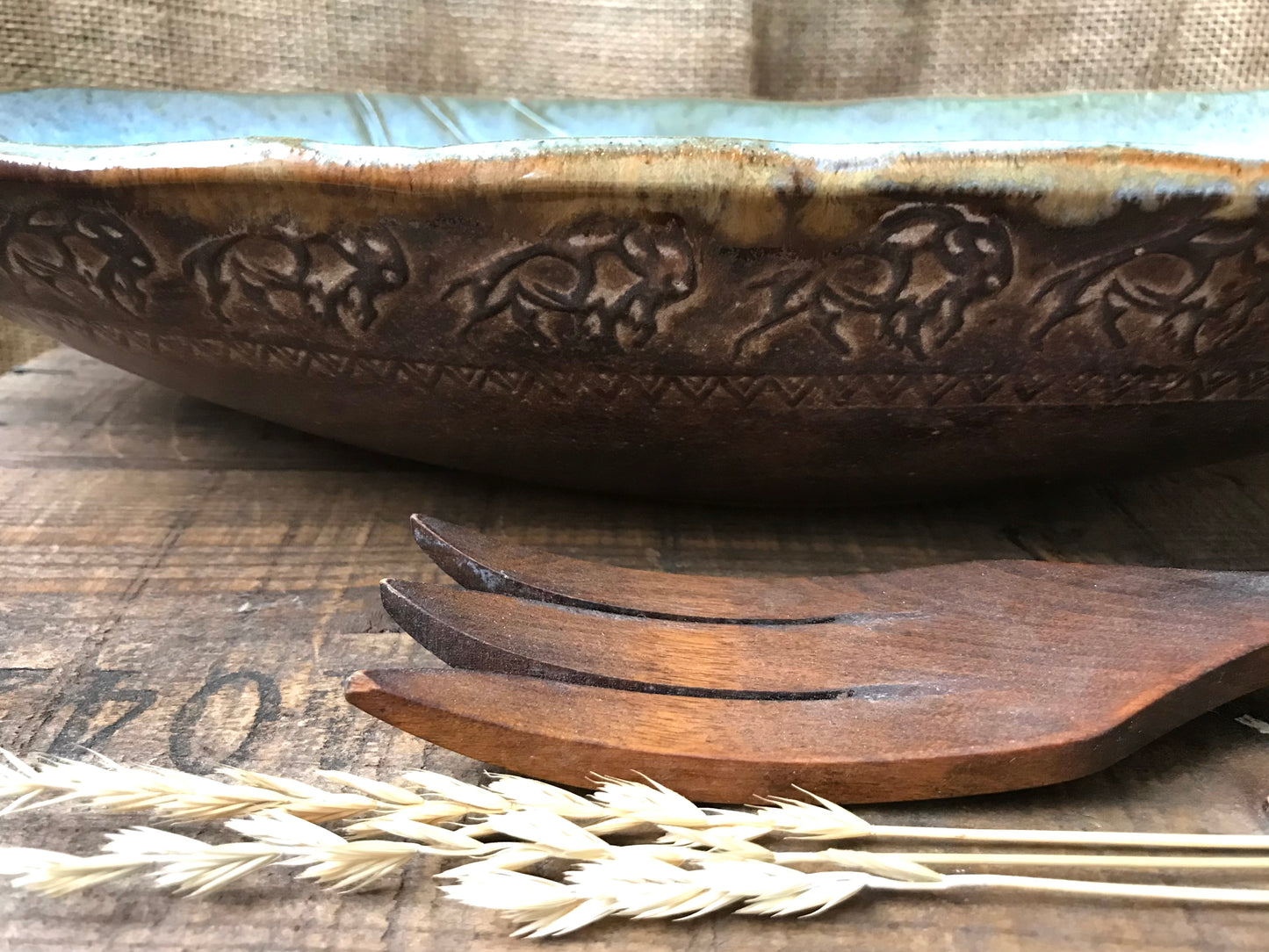 Rustic Wild Buffalo Oval Serving Bowl ~ 15.5”x 8” ~ 2.75” Depth~  Turquoise & Brown