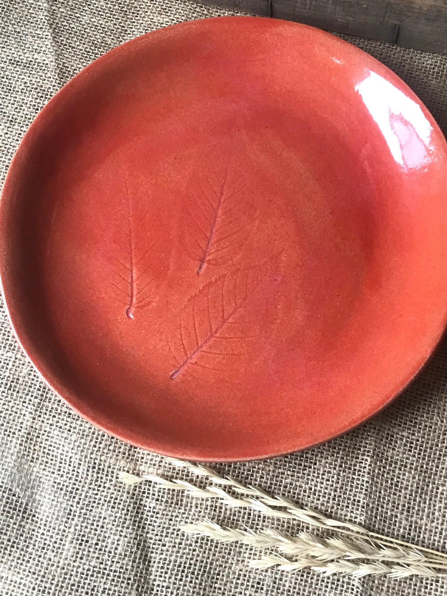 Rustic Birch Leaf Dinner Plate & Salad Plate ~ 10”  ~ Autumn Orange Glaze