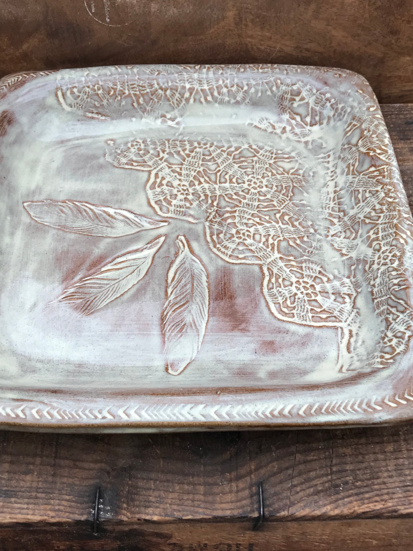 Rustic Square Wild Feathers & Doily Baking Tray/ Serving Tray ~ 10” Square  ~ 1.25” Depth~ Birch & Brown