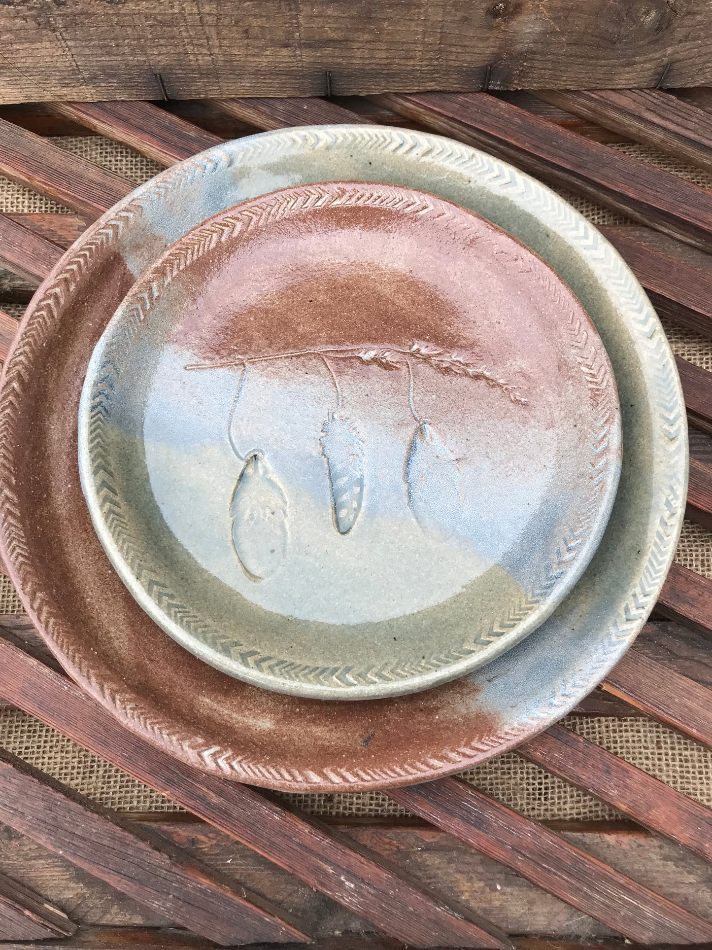 Rustic Wild Feathers & Grass Dinner Plate & Salad Plate ~ 10”  ~ Blue Green Brown Glaze