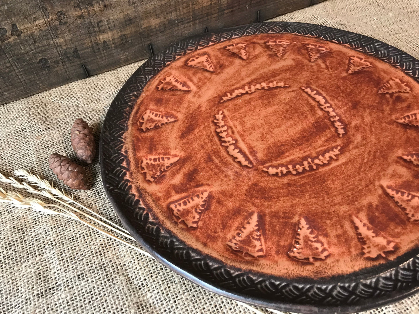 Rustic Vermont Evergreen Serving Platter ~ 13” Round ~ Sedona Red & Brown ~ Appetizers & Cheese