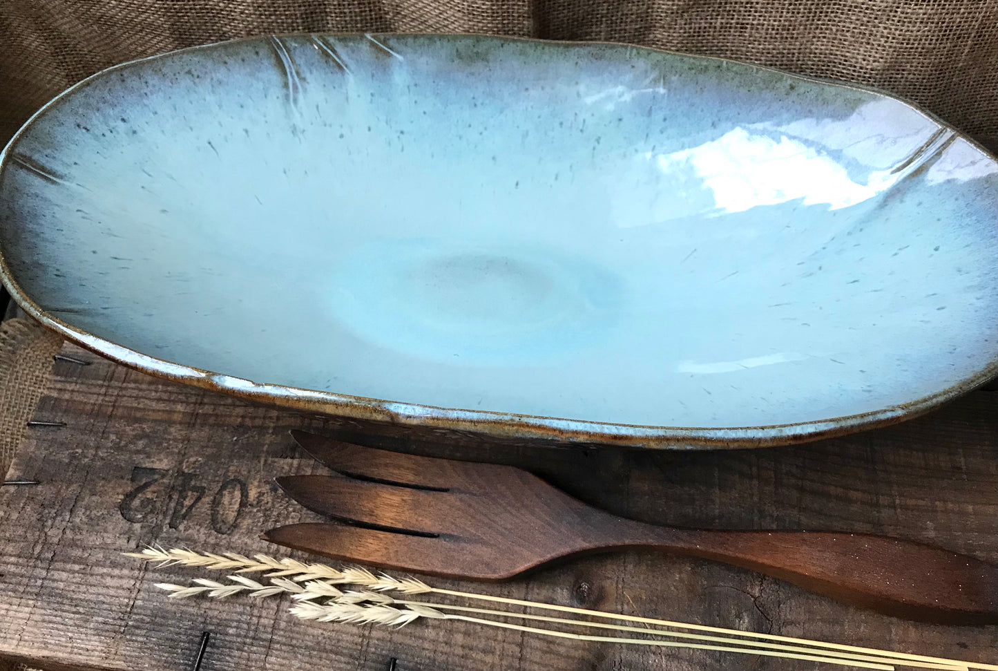 Rustic Wild Buffalo Oval Serving Bowl ~ 15.5”x 8” ~ 2.75” Depth~  Turquoise & Brown