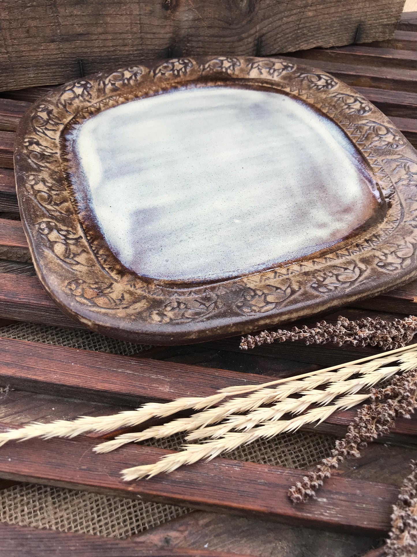 Rustic Wild Buffalo Square Dinner Plate ~ 9” ~ Antique Birch & Brown Glaze