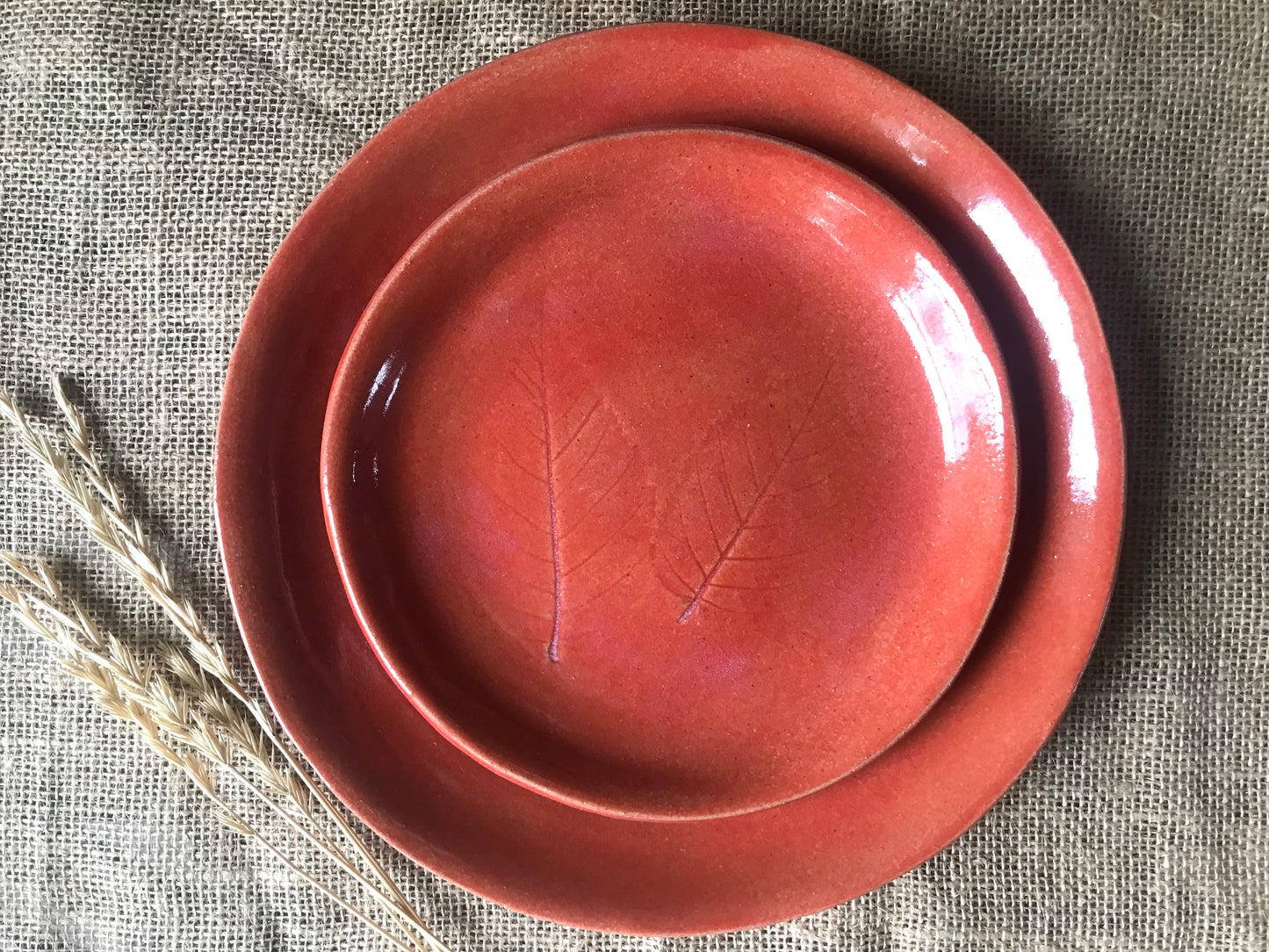 Rustic Birch Leaf Dinner Plate & Salad Plate ~ 10”  ~ Autumn Orange Glaze