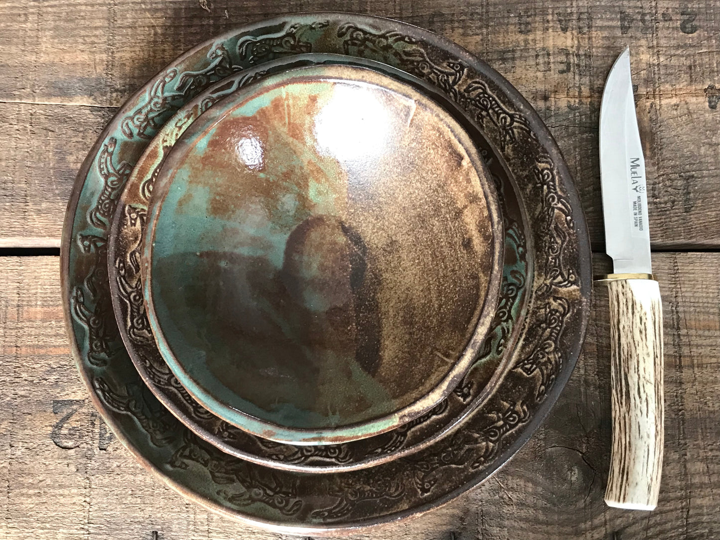 Rustic Wild Mustang Dinnerware Set ~ Dinner & Salad Plate & Bowl ~ Green & Brown Glaze