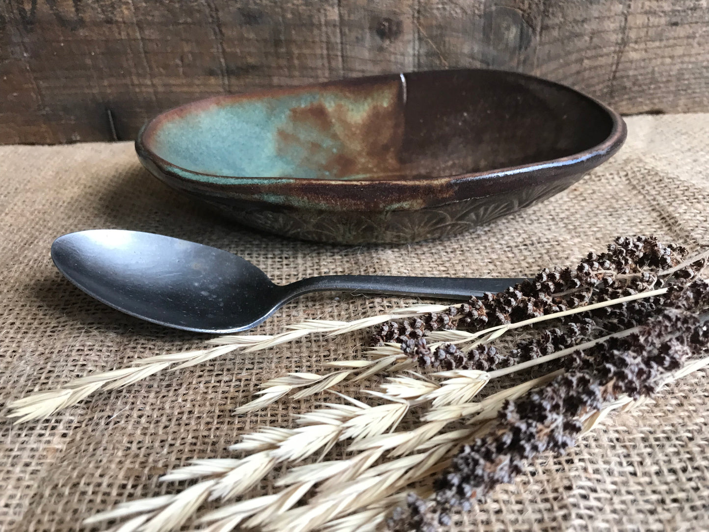 Rustic Basketweave Oval Ice Cream & Snack Bowl ~ Green & Brown