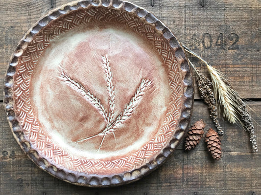 Rustic Wild Grasses / Wheat & Basketweave Pie Dish ~ 10” ~ Red Sand & Brown Glaze