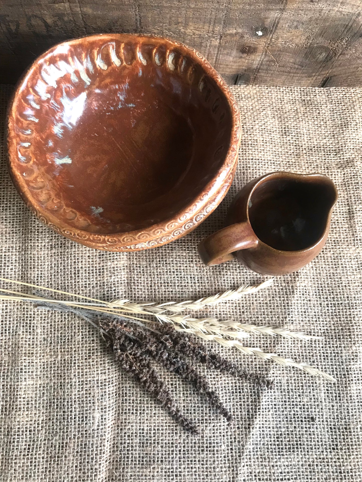 Rustic Handpinched Bowls & Mini Pouring Pitcher ~ Burnt Orange Glaze