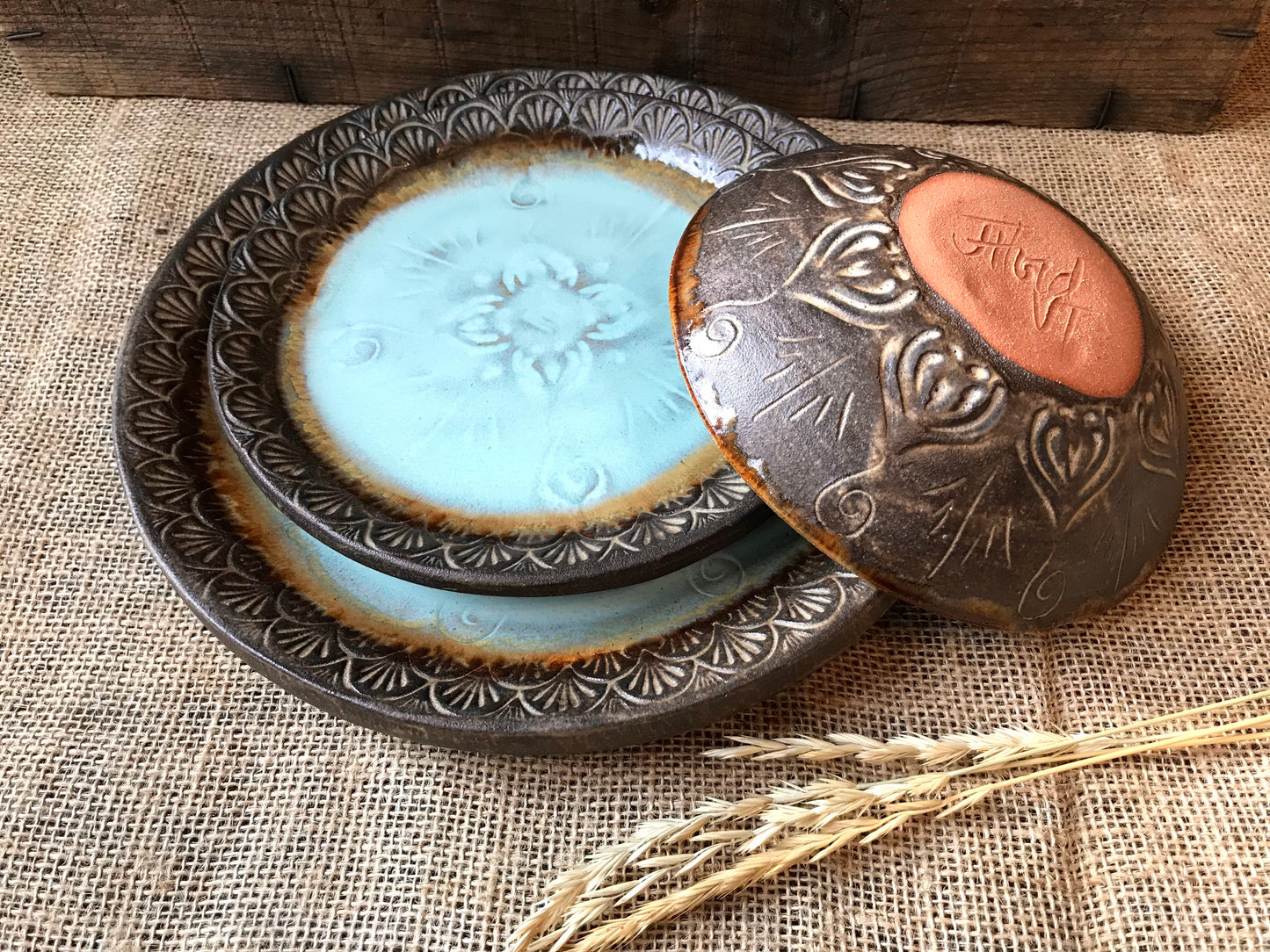 Rustic Native Mandala Dinnerware Set ~ Turquoise & Heavy Brown Glaze