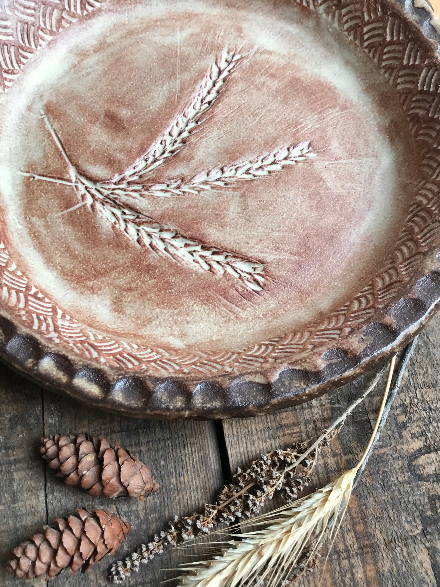 Rustic Wild Grasses / Wheat & Basketweave Pie Dish ~ 10” ~ Red Sand & Brown Glaze