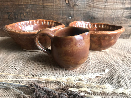 Rustic Handpinched Bowls & Mini Pouring Pitcher ~ Burnt Orange Glaze