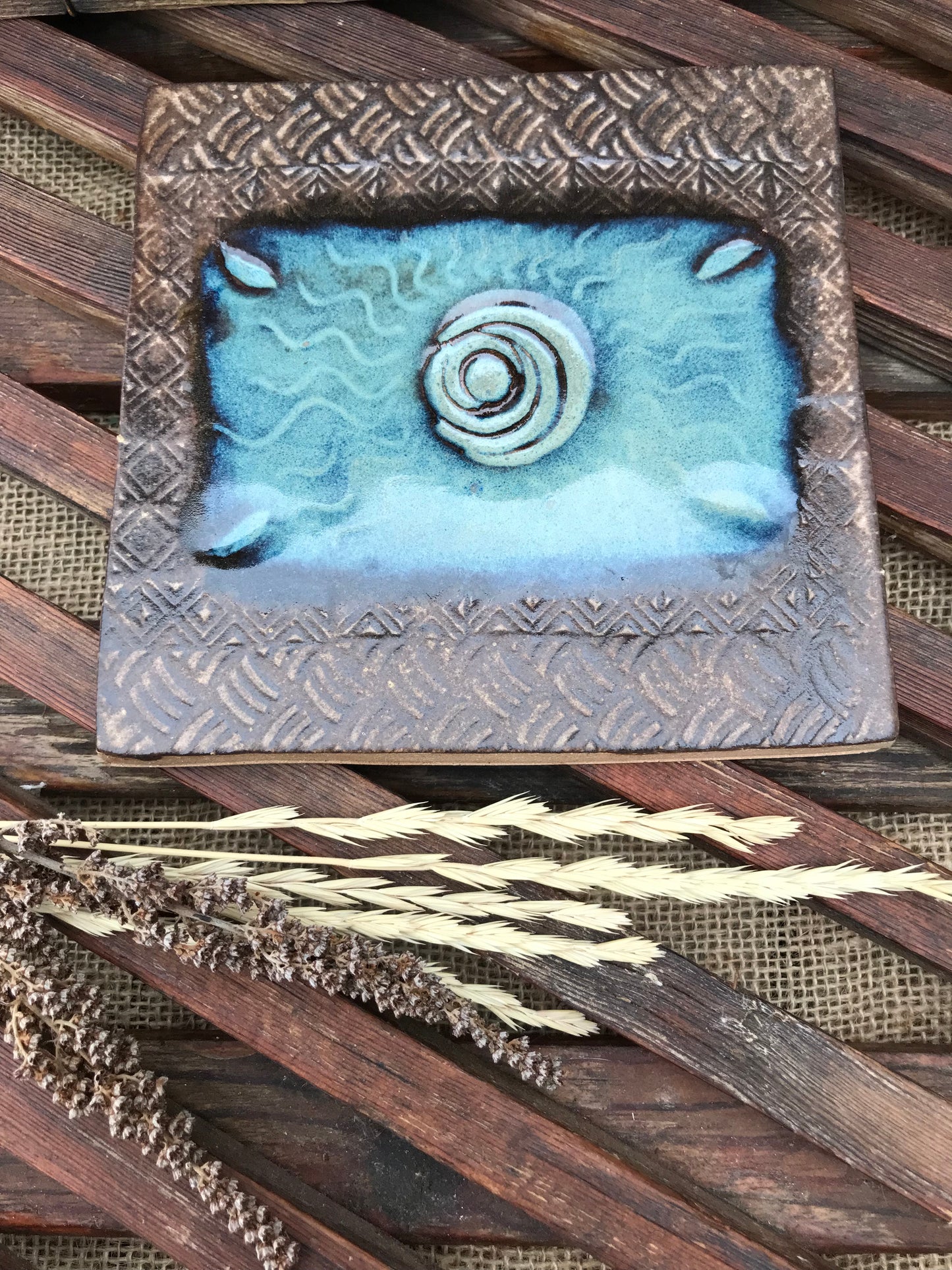 Rustic Moon Trivet in Night Sky Blue and Brown ~ 5.5” Square