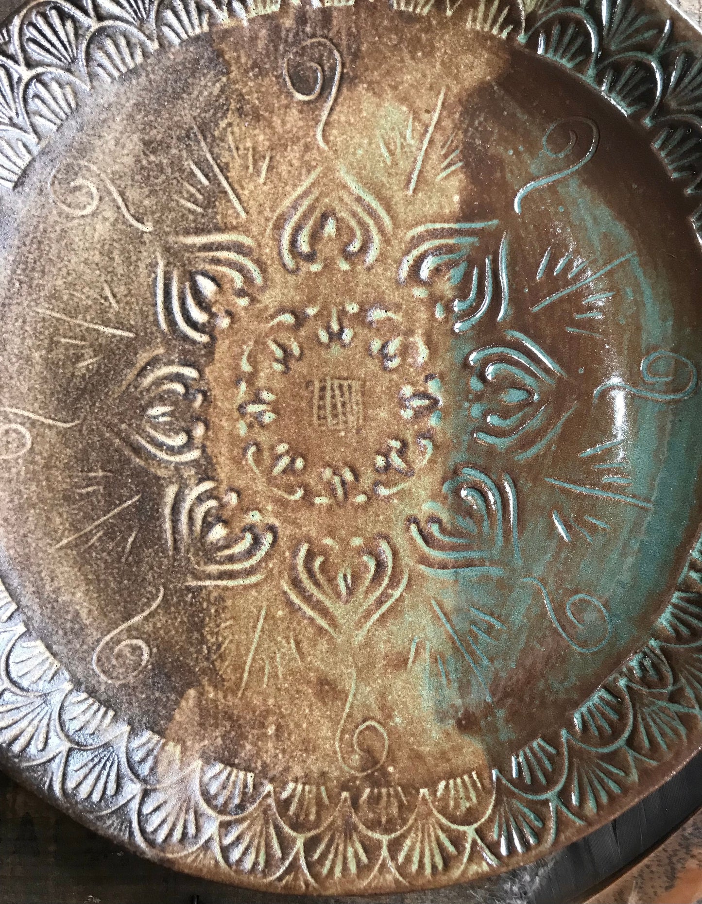 Rustic Native Mandala Dinner Plate ~ 10” ~ Green & Brown Glaze