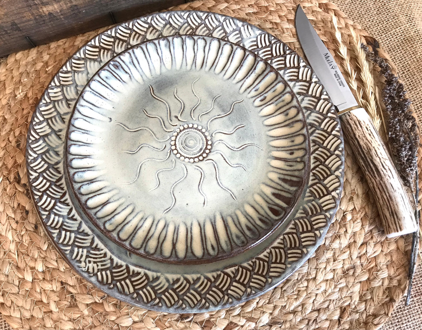 Rustic Native Sun Dinnerware Set ~ Dinner & Salad Plate ~ Birch Brown Glaze