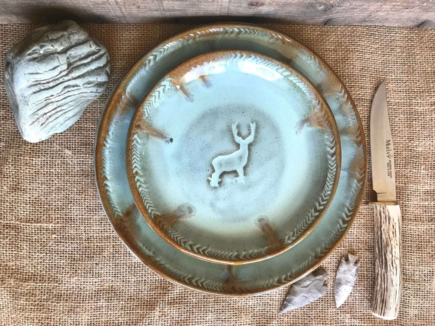 Rustic Wild Buck Dinner Plate & Salad Plate ~ Turquoise and Brown Glaze