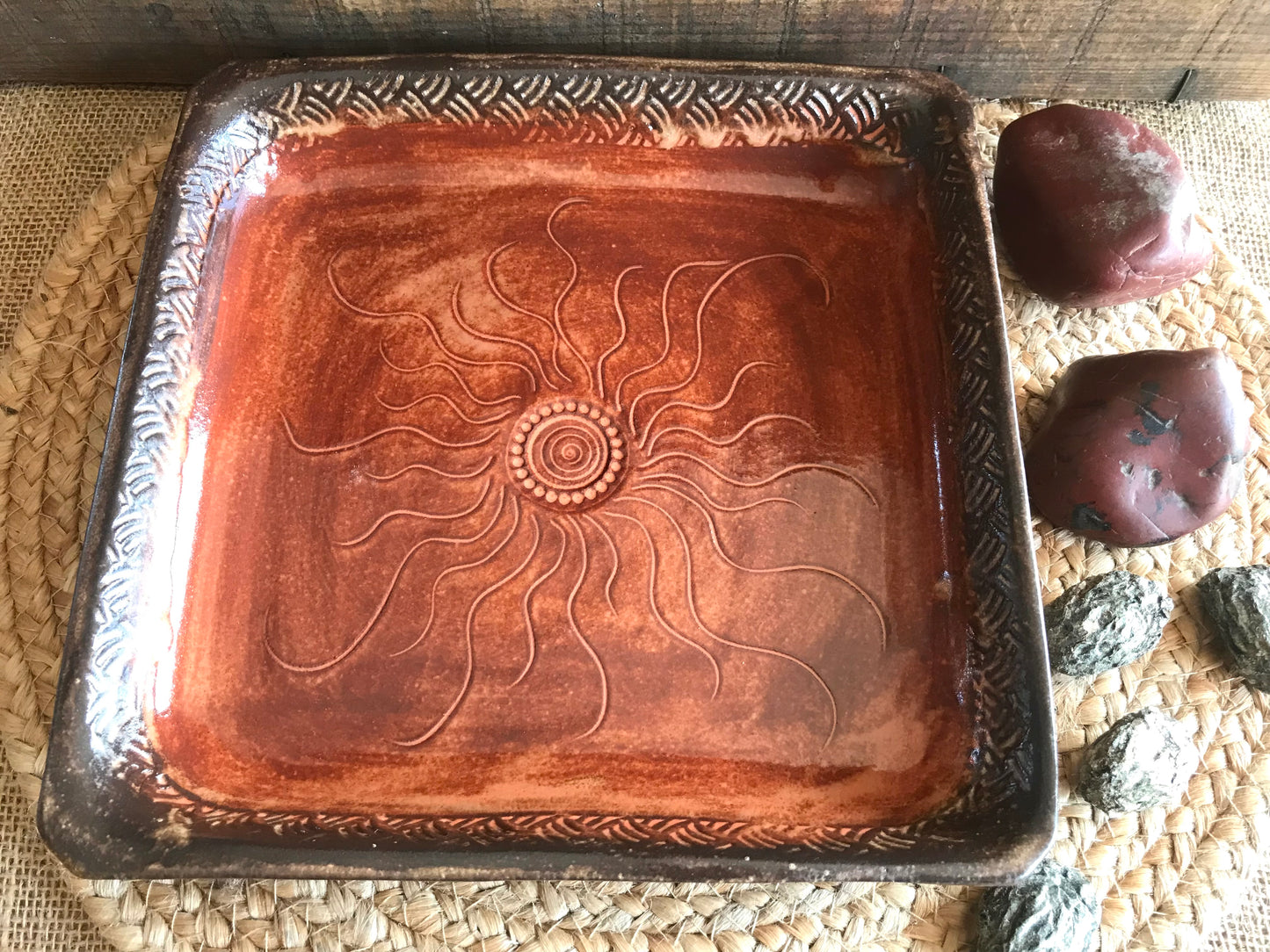 Rustic Square Sun & Basketweave Meat Tray/ Serving Tray ~ 9.5” Square  ~ 1.25” Depth~ Sedona Red & Brown