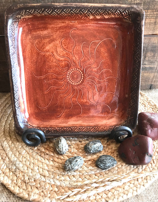 Rustic Square Sun & Basketweave Meat Tray/ Serving Tray ~ 9.5” Square  ~ 1.25” Depth~ Sedona Red & Brown