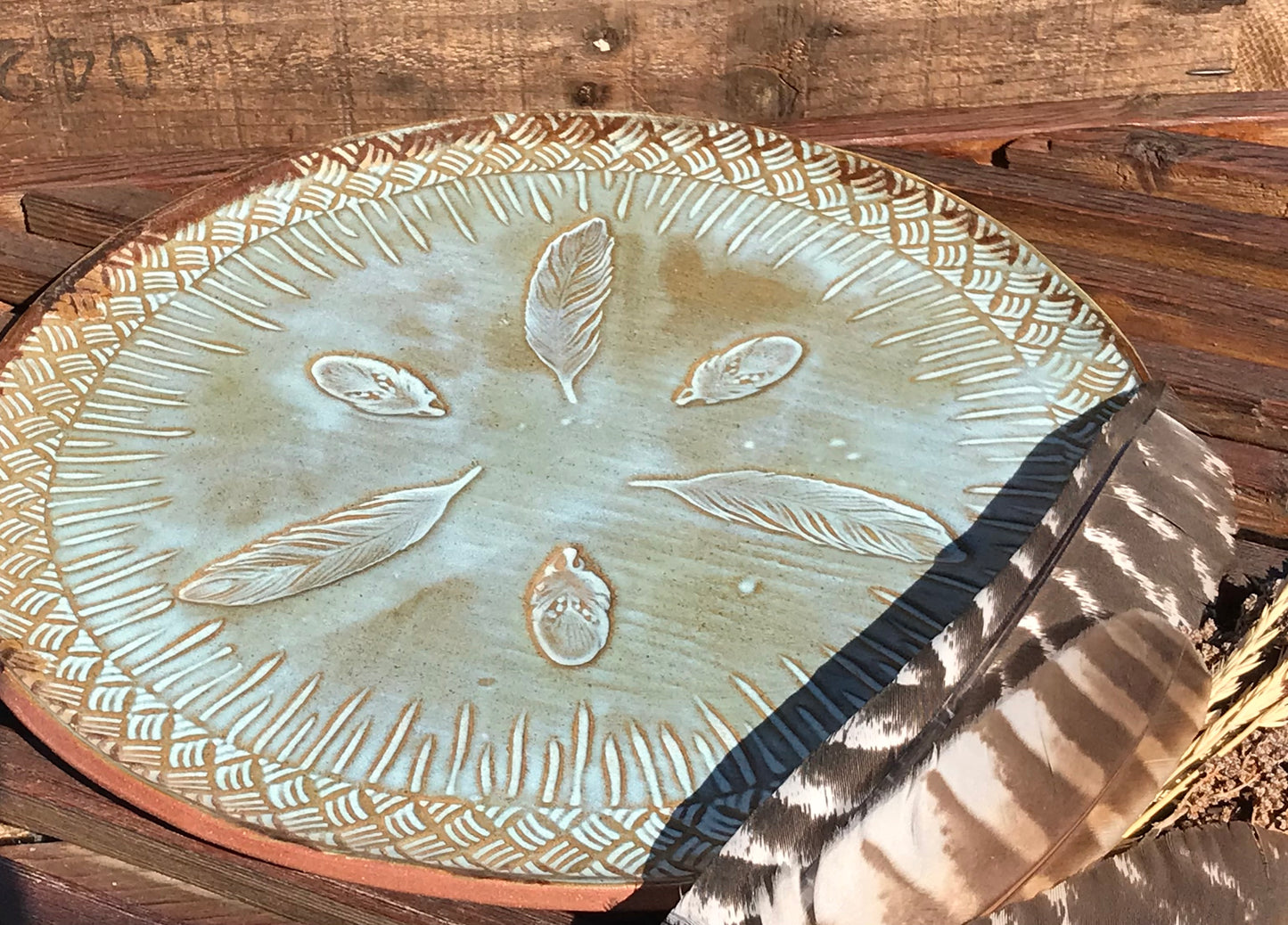 Rustic Wild Feathers Serving Platter ~ 13” Round ~ Turquoise & Brown ~ Appetizers & Cheese