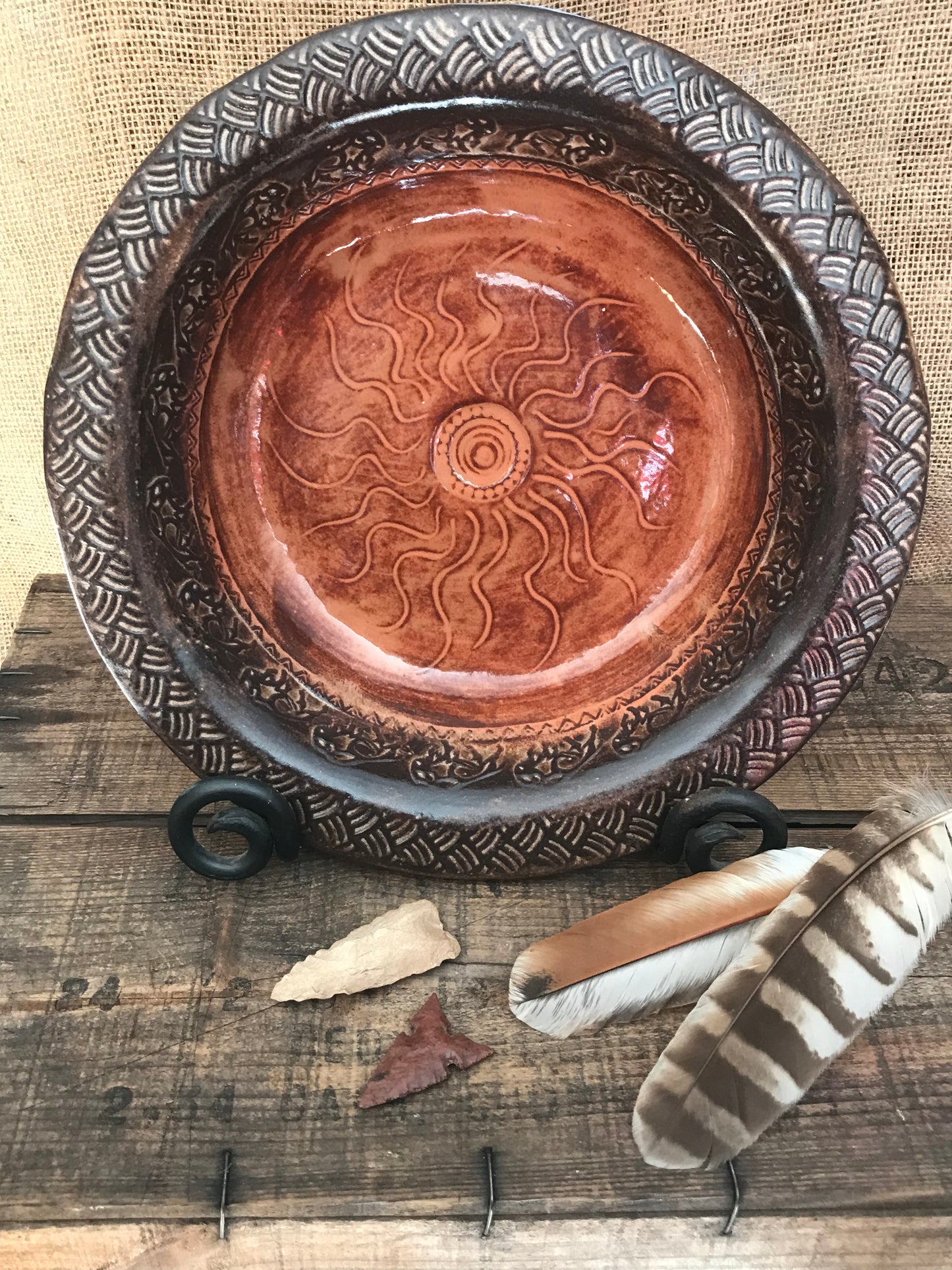 Rustic Wild Buffalo & Sun Serving & Baking Bowl ~ 12.5” Diameter ~ 1.75” Depth~ Sedona Red & Brown