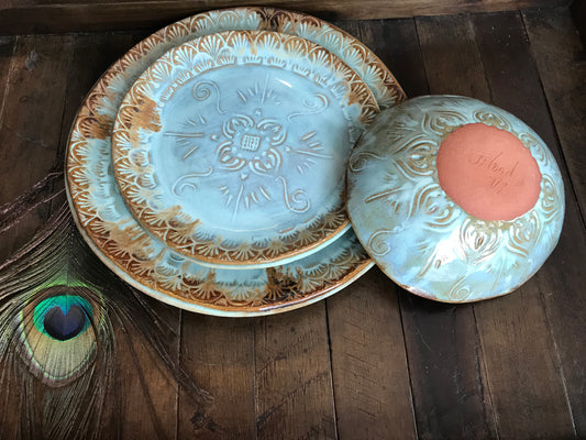 Rustic Native Mandala Dinnerware Set with Big Bowl ~ Turquoise & Original Brown Glaze