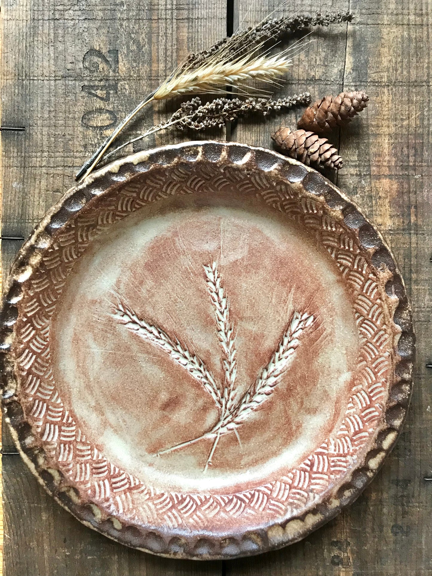 Rustic Wild Grasses / Wheat & Basketweave Pie Dish ~ 10” ~ Red Sand & Brown Glaze