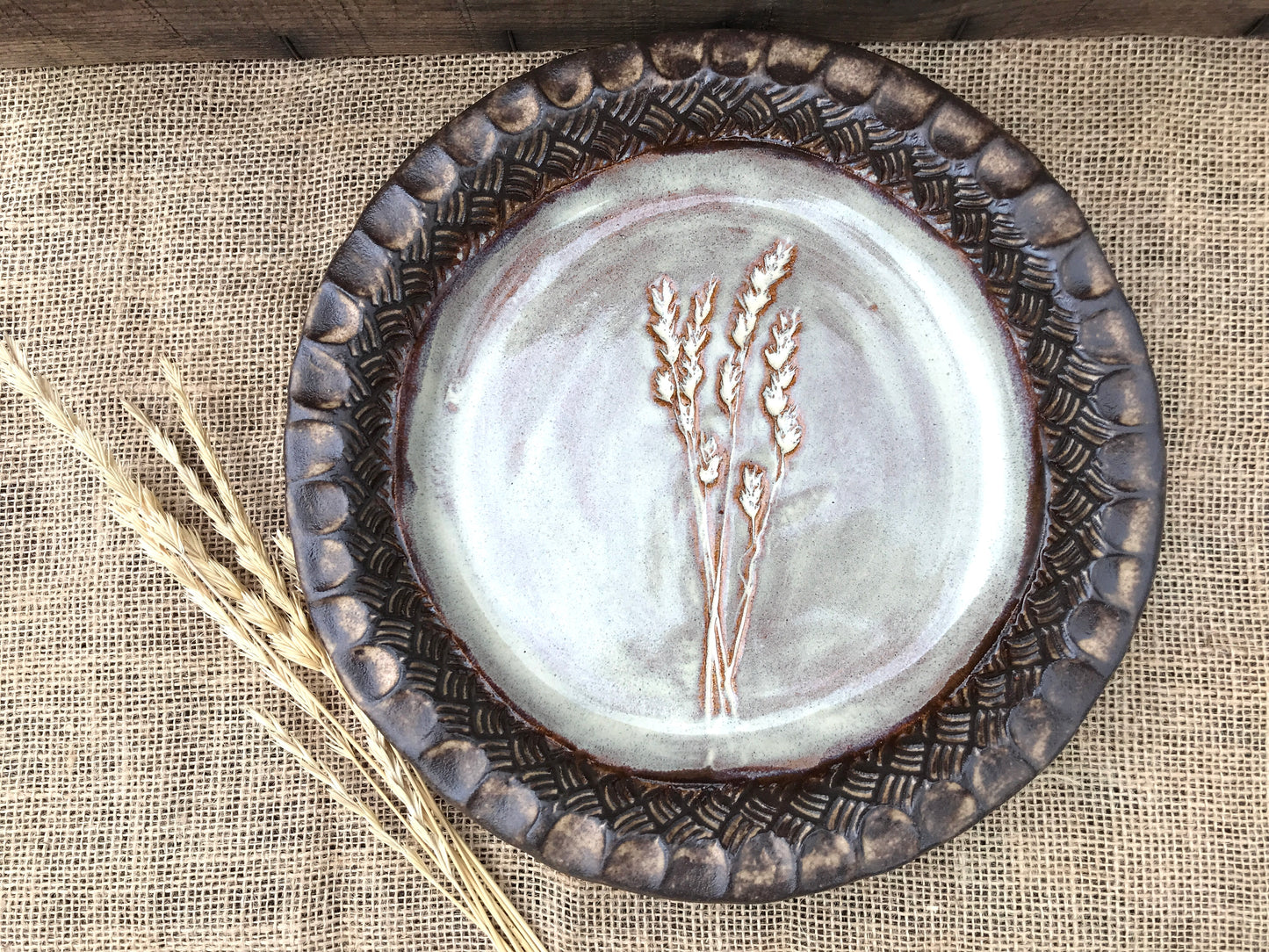 Rustic Wild Grasses Pie Dish ~ 10” ~ Birch & Brown Glaze