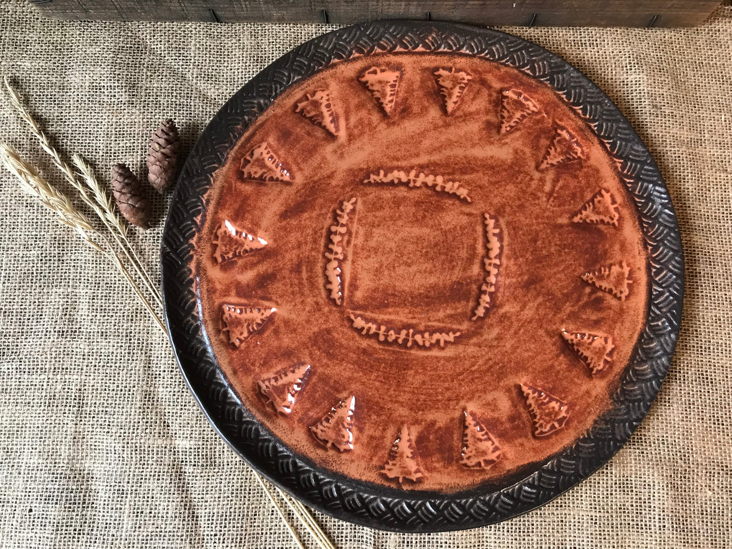 Rustic Vermont Evergreen Serving Platter ~ 13” Round ~ Sedona Red & Brown ~ Appetizers & Cheese