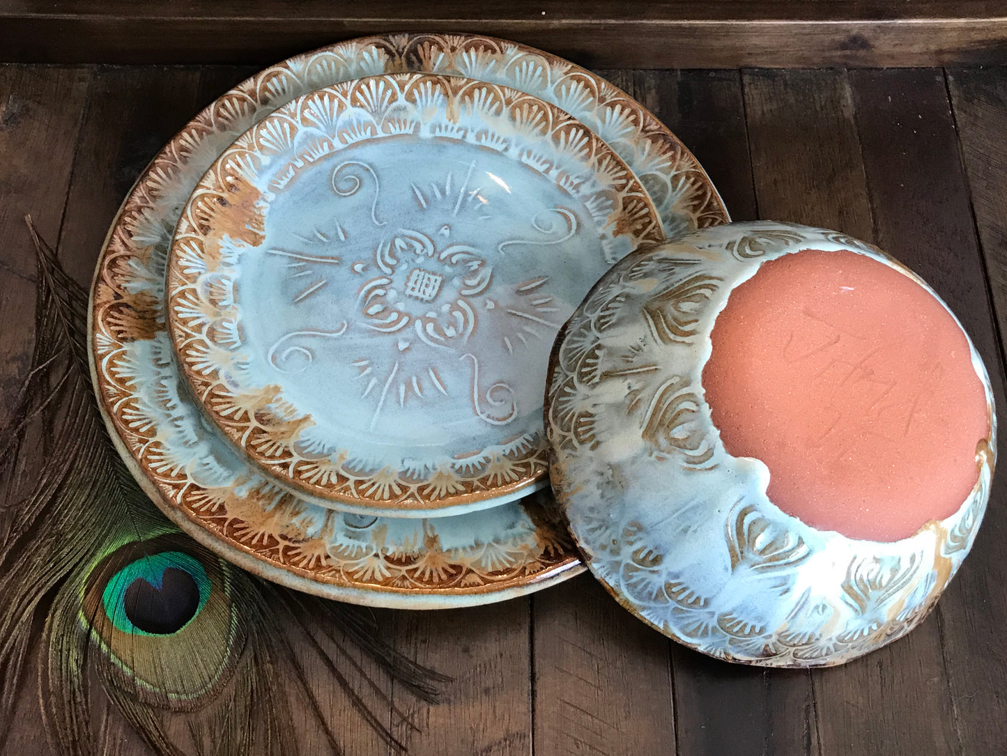 Rustic Native Mandala Dinnerware Set with Big Bowl ~ Turquoise & Original Brown Glaze