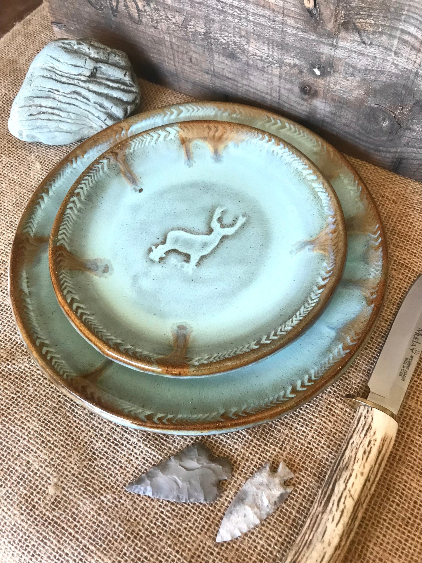 Rustic Wild Buck Dinner Plate & Salad Plate ~ Turquoise and Brown Glaze