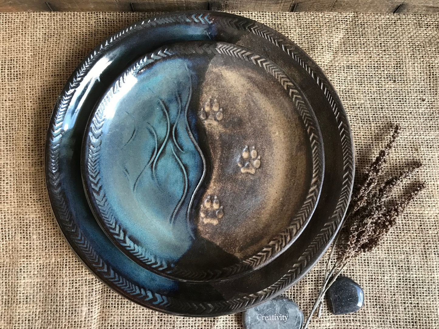 Rustic Wild River Wolf Dinner Plate & Salad Plate ~ 10”  ~ River Blue & Brown Glaze