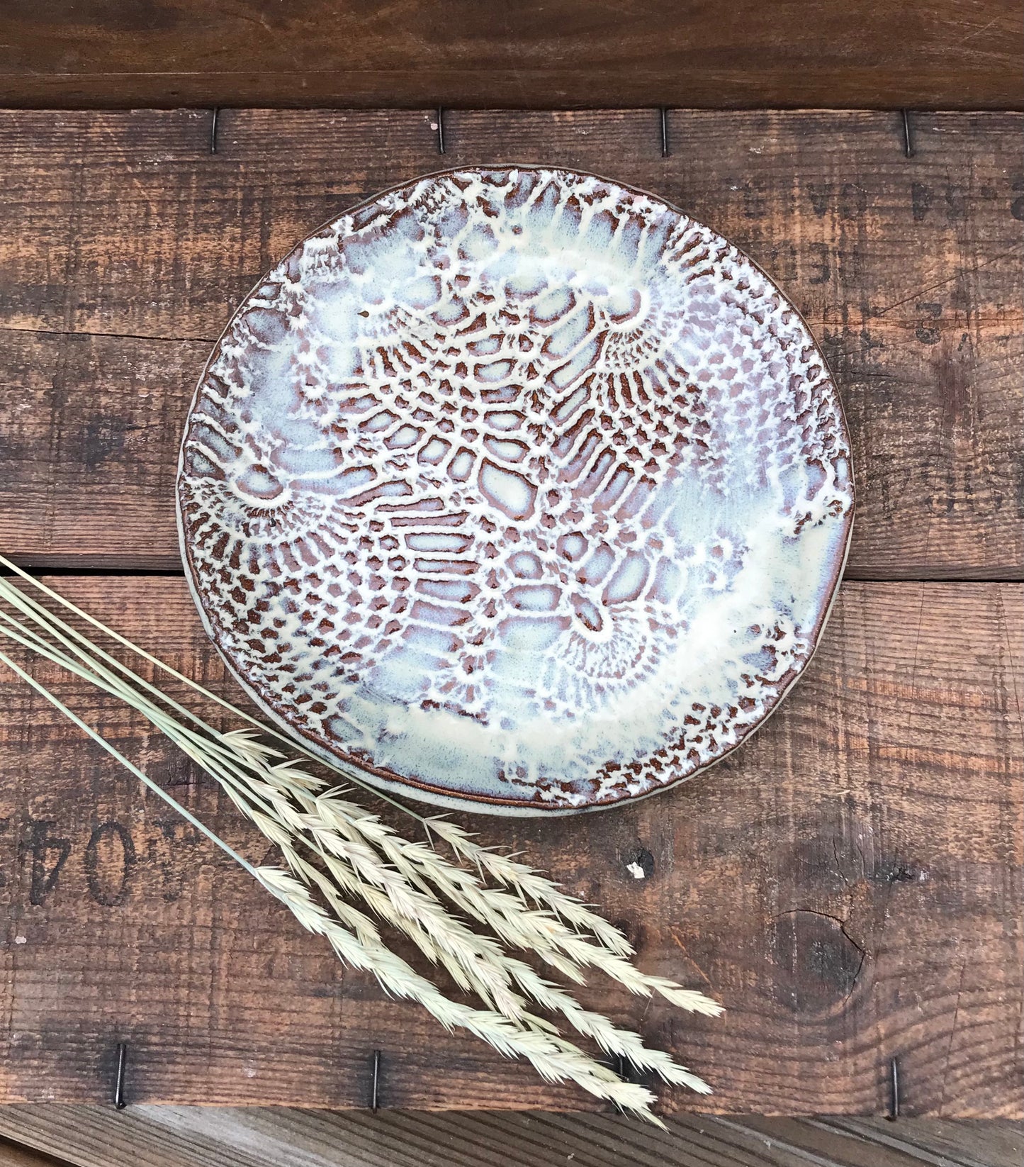 Rustic Antique Doily Salad Plate ~ 7” ~ Birch Brown Glaze