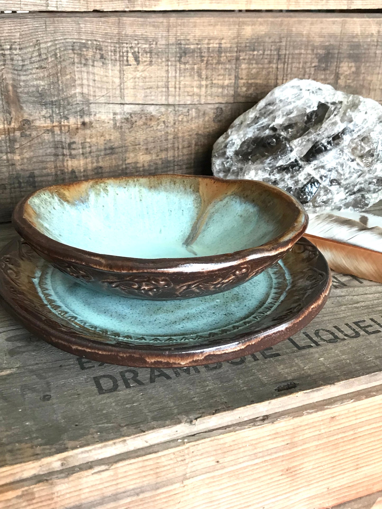 Rustic Wild Buffalo Dinnerware ~ Dinner Plate/Salad Plate/Bowl ~ Turquoise & Heavy Brown Edging