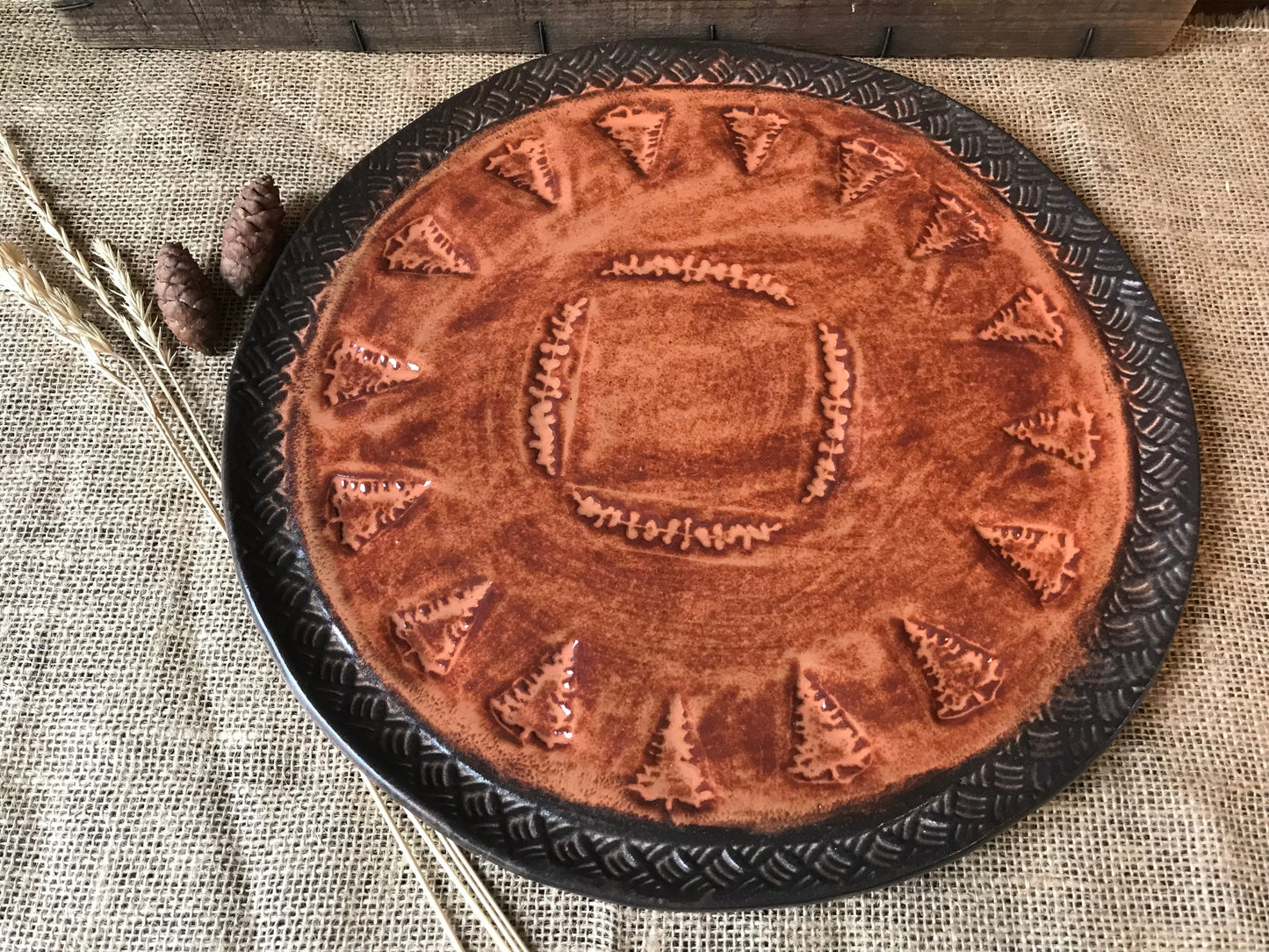 Rustic Vermont Evergreen Serving Platter ~ 13” Round ~ Sedona Red & Brown ~ Appetizers & Cheese