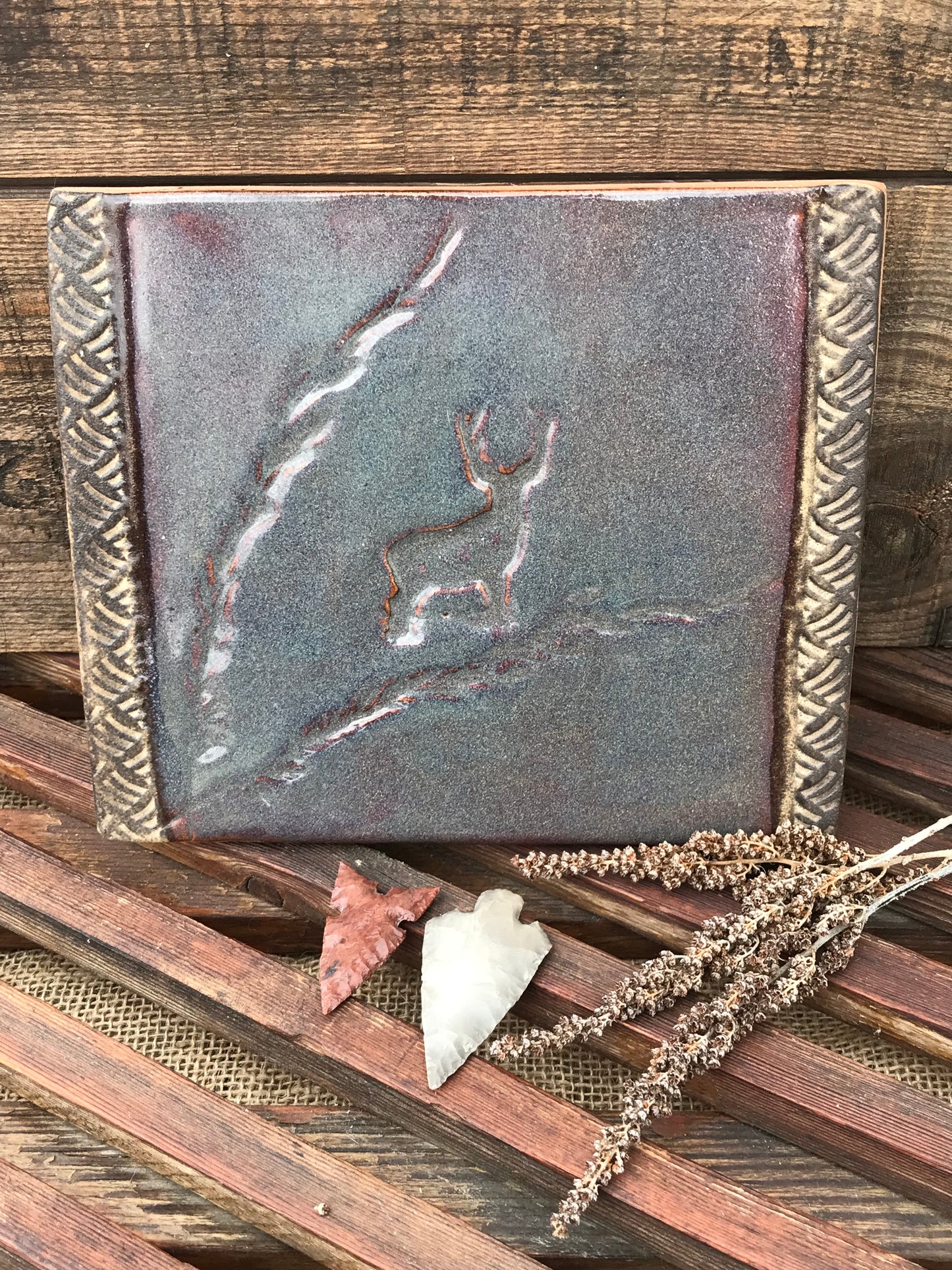 Rustic Wild Buck & Grasses Trivet in Night Sky Blue and Brown ~ 7.5” x 6.25”