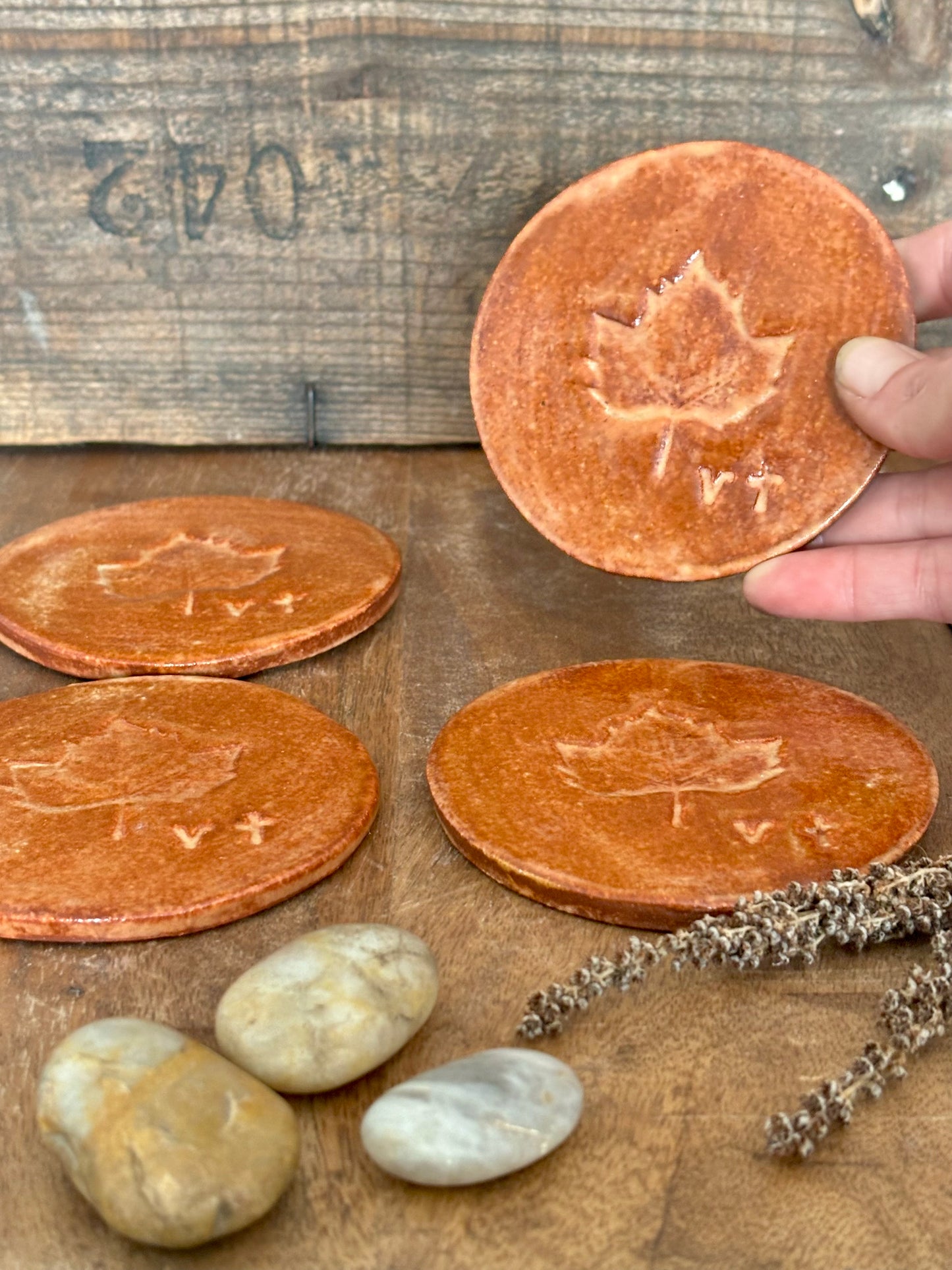 Vermont Maple Leaf Coasters~ Set of 4 ~ Sedona Red Glaze