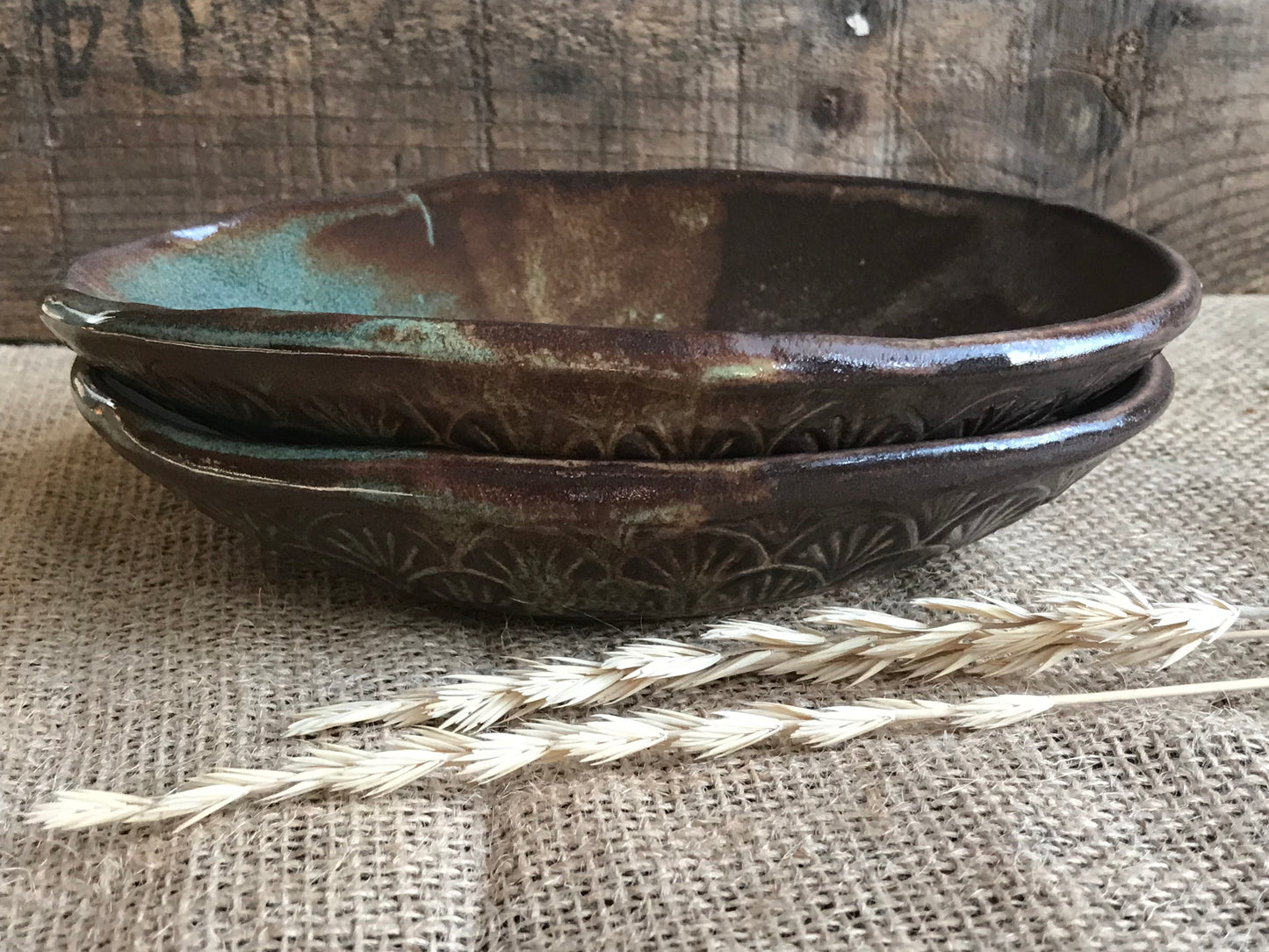 Rustic Basketweave Oval Ice Cream & Snack Bowl ~ Green & Brown