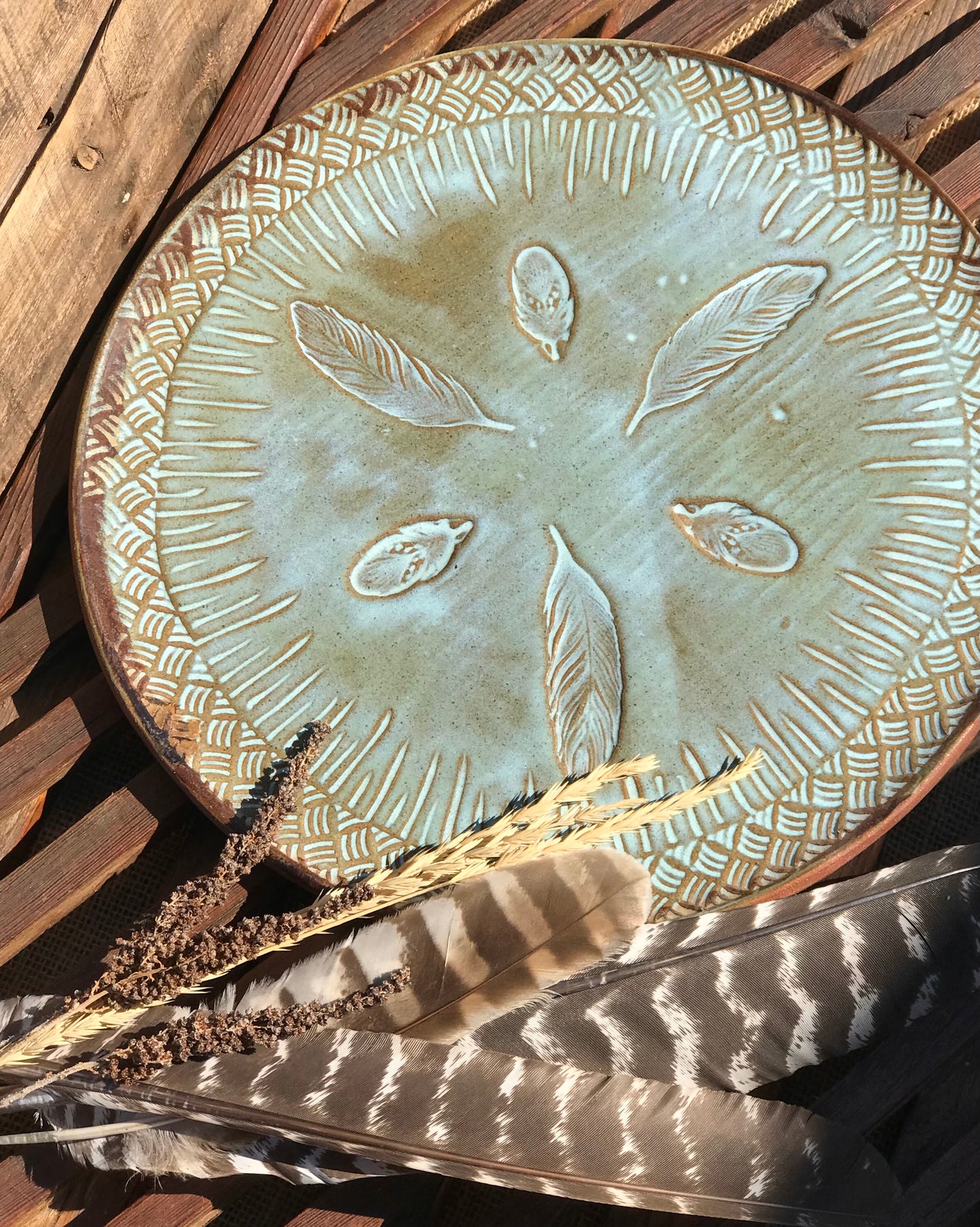 Rustic Wild Feathers Serving Platter ~ 13” Round ~ Turquoise & Brown ~ Appetizers & Cheese