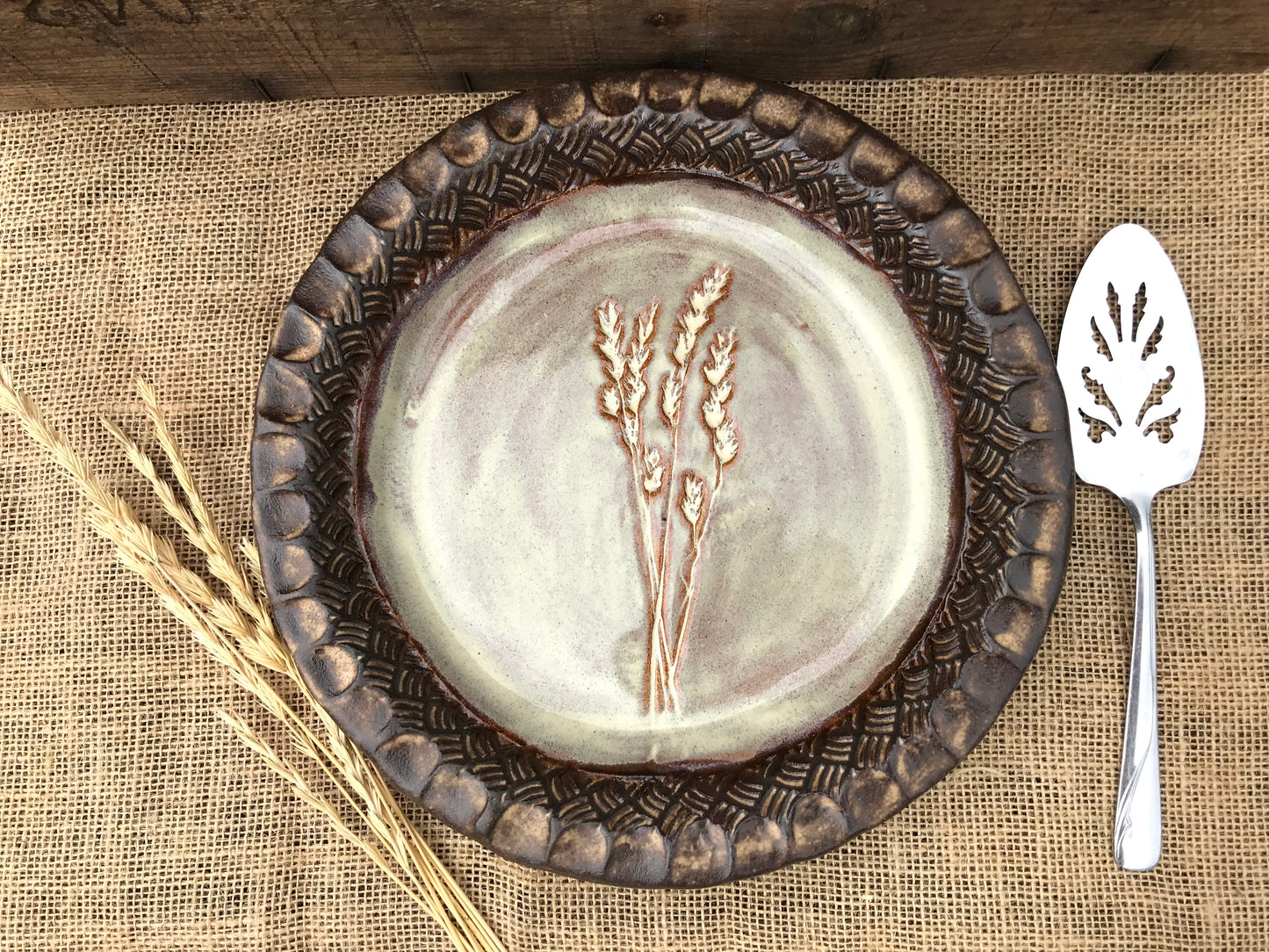 Rustic Wild Grasses Pie Dish ~ 10” ~ Birch & Brown Glaze