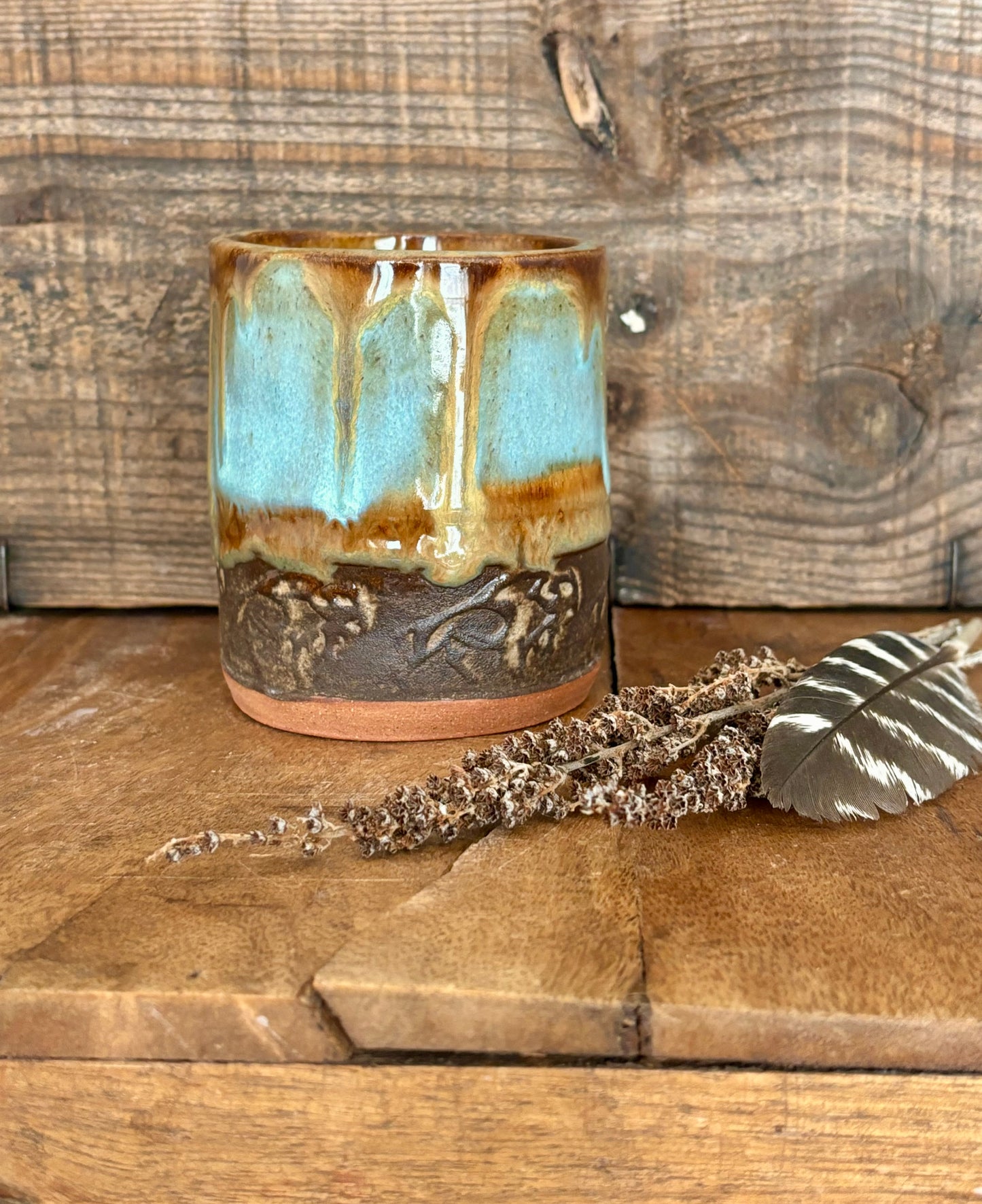 Wild Buffalo Shortie Tumbler ~ 8 oz~ Turquoise & Brown Glaze