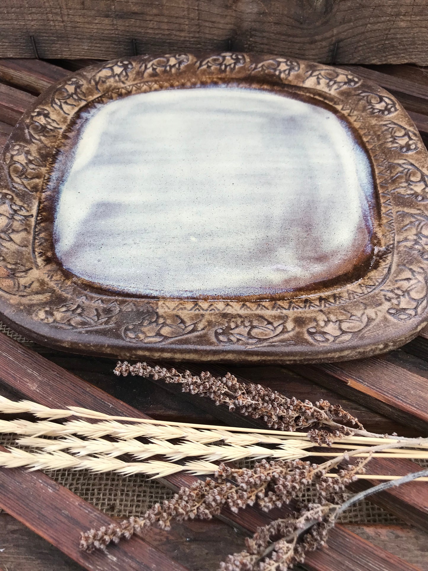 Rustic Wild Buffalo Square Dinner Plate ~ 9” ~ Antique Birch & Brown Glaze