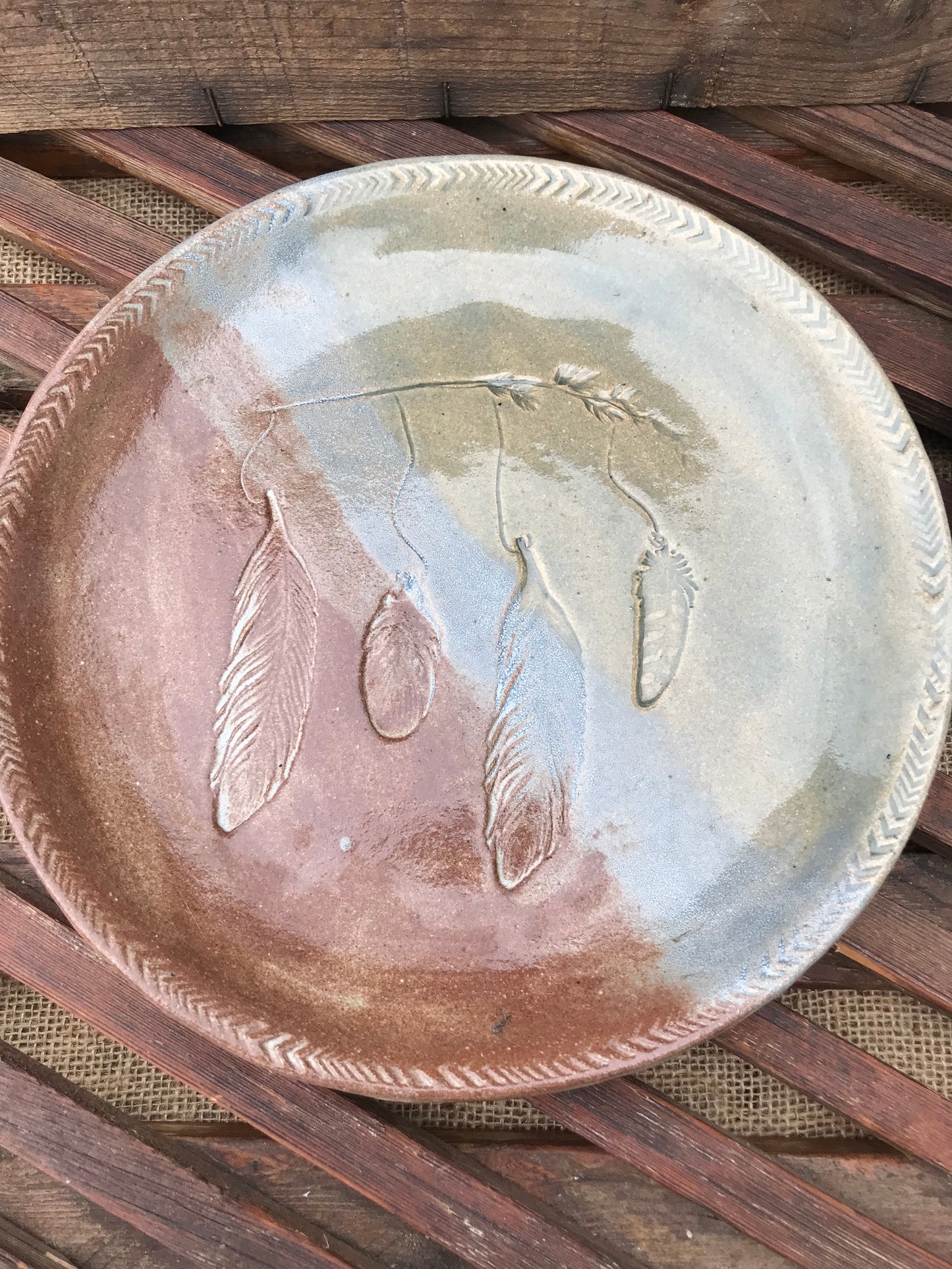 Rustic Wild Feathers & Grass Dinner Plate & Salad Plate ~ 10”  ~ Blue Green Brown Glaze